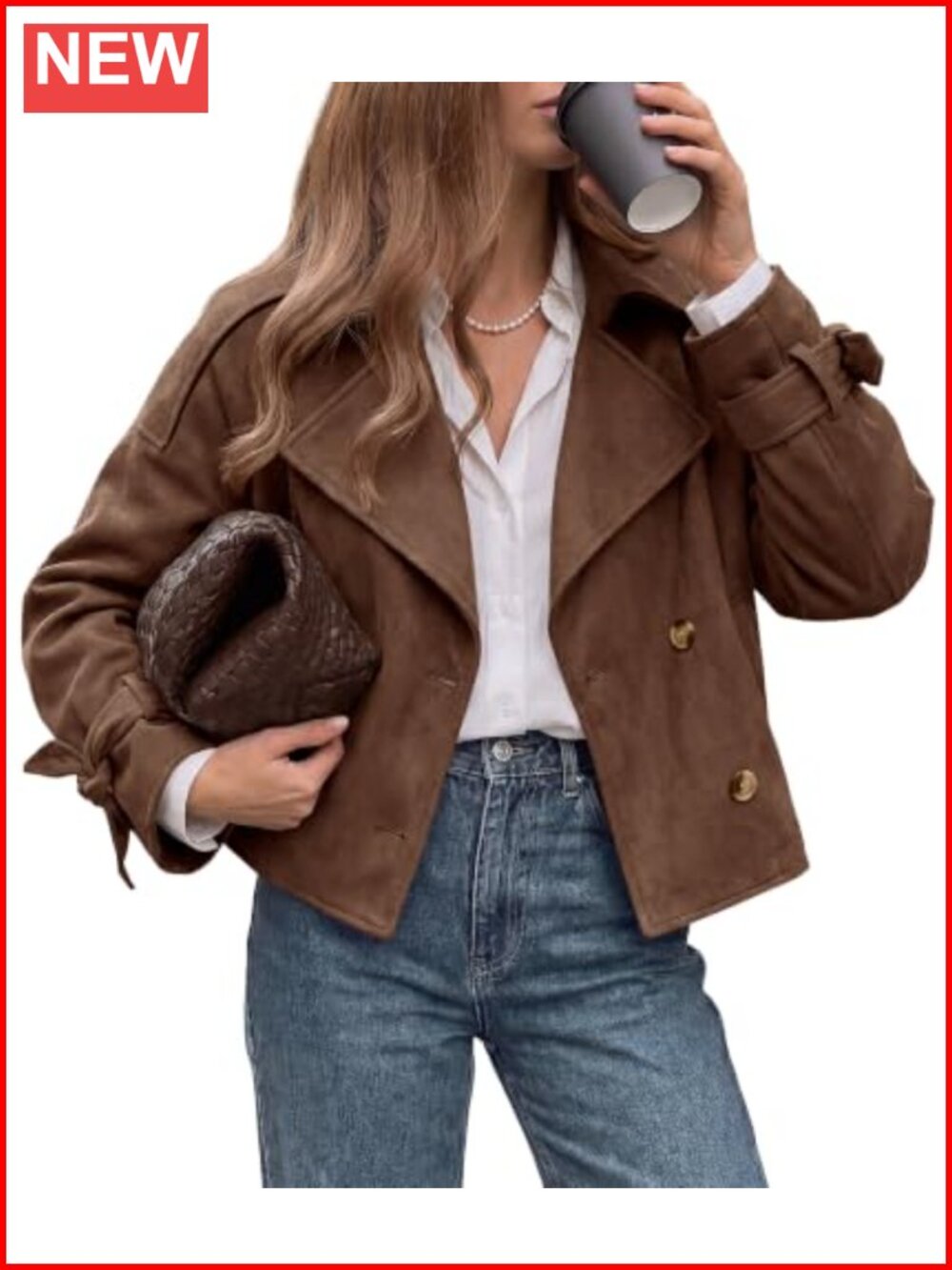 Women Faux Suede Double Breasted Cropped Trench Coat Notched Lapel